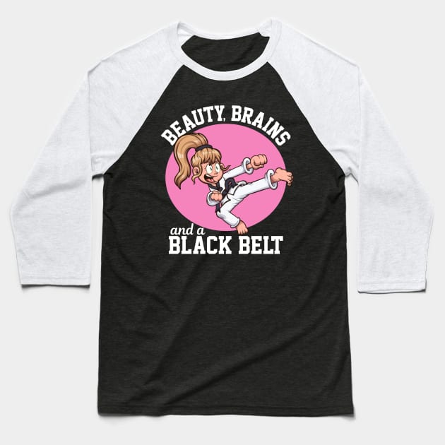 Beauty, Brains And A Black Belt Cartoon Baseball T-Shirt by TheMaskedTooner